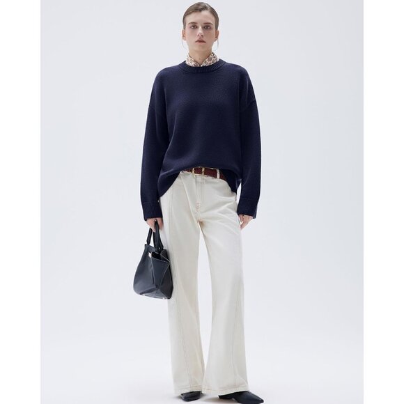 Women Cashmere Blend Oversized Crew Neck Navy Blue Soft Warm Pullover Sweater - Picture 5 of 5